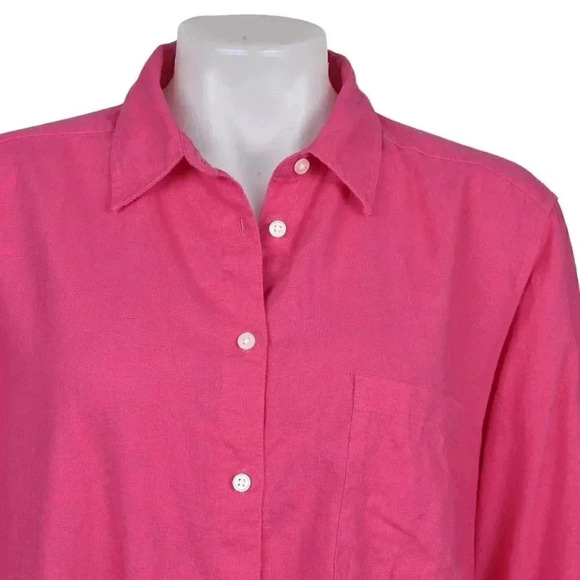 LOFT Linen Blend Button Down Blouse Barbiecore Long Sleeve Size Large - Picture 2 of 11